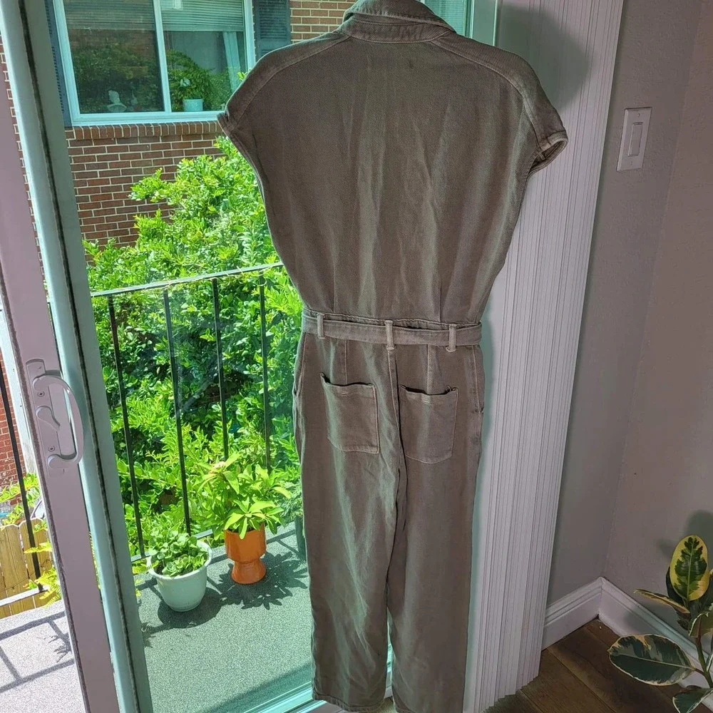 Zara Womens Sage Green Denim Belted Utility Jumpsuit Short Sleeve XS 1887/163